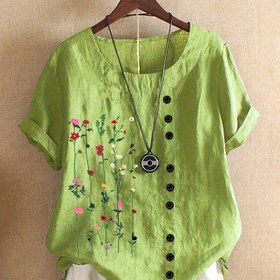 Resim Plus Beden Kadınlar için Vintage Çiçek Baskılı Bluz - Hafif Pamuk-Keten Karışımı Kısa Kollu Gömlek, Düğme Detaylı & Yırtmaç Etekli, Bahar/Yaz İçin Şık Bol Kesim Yuvarlak Yaka Üst, Günlük Rahat Giyim, Makinede Yıkanabilir 