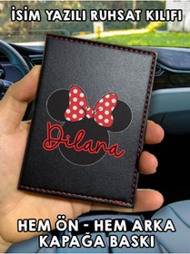 Resim senada MinnieMouse Ön Arka Baskılı Oto Araç Ruhsat Kabı Kartlık Deri İsim Yazılı Kişiye Özel Cüzdan 