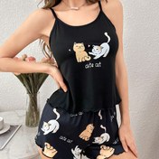 Resim Kadınlar İçin Sevimli Kedi Temalı Pijama Takımı - Siyah Cami Üst & Şort, Sevimli Kedi & Pati Baskılı Tasarım, Yumuşak Polyester Karışımı, Rahat Elastik Bel Bandı, Görünmez Uyku Giysisi 