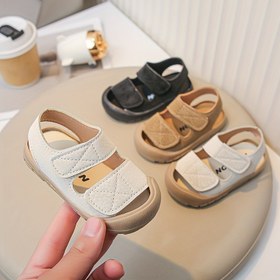 Resim 1 Çift Unisex Bebek Yaz Sandaleti - Hafif PU Katı Renk Dokulu Rahat Ayakkabılar, saç tokası ve Döngü Kayışı ile, Erkek ve Kızlar için Yuvarlak Parmak Tasarımı, Bej ve Kahverengi, Rahat Giyim için Mükemmel 