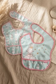 Resim Bebechi Mallow Bunny Sıvı Geçirmez Leke Tutmaz 2'li Bebek Mama Önlüğü Seti - Tavşan Desenli, Mama Cepli, Cır 