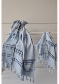 Resim %100 Pamuk Peştemal Baş Havlusu Takımı-hafif Plaj Havluları Mavi 