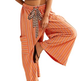 Resim Kadınlar İçin Elastik Bel Bağcıklı Geniş Paça Çizgili Pantolon - Turuncu & Beyaz Yatay Çizgiler, Rahat Şık Günlük Kumaş, Makinede Yıkanabilir Her Mevsim Konforlu Giysi, Saydam Olmayan Kumaş 