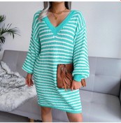 Resim Novahub Kadın Sonbahar-kış Uzun Kollu Yün Elbise, Pembe, V Boyun, Şerit Oymak, Gevşek, A-hattı Pembe 