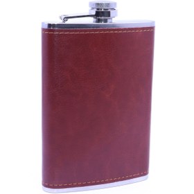 Resim stainless steell Kahverengi Deri Kaplama Paslanmaz Çelik Cep Matarası - Hip Flask 9 OZ 