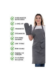 Resim Simple 3lü Set Ayar Askılı Cepli Mutfak Önlüğü Seti 2 Eldiven Şef Garson Kafe Aşçı Barista Füme 