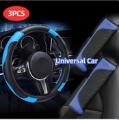 Resim Willowhaven 3 Adet Karbon Fiber Desenli Pu Deri Direksiyon Kılıfı Ve Omuz Pedları Seti Mavi Mavi 