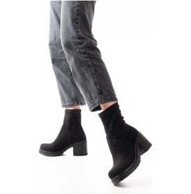 Resim 767-3040 Siyah Süet Günlük Kalın Topuklu Kadın Bot Beyaz 