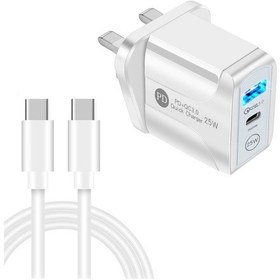 Resim Pd25w Usb-c / Tip-c + Qc3.0 Usb Çift Portlu Hızlı Şarj Cihazı Usb-c İle Usb-c Veri Kablosu, İngiltere Fişi Beyaz Beyaz 