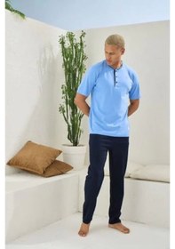Resim Moon Wear Erkek 2104 Erkek Midi Yaka Pijama Takım Mavi 