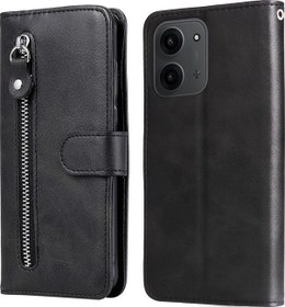 Resim Xiaomi Redmi 15c 4g Pu Deri Kılıflar Fermuarlı Cepli Cüzdan Telefon Kılıfı Standı - Siyah Siyah 