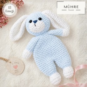 Resim Mühre Ilk Arkadaşım Erkek Çocuğu Amigurumi Organik Tavşan Uyku Arkadaşı Mavi 