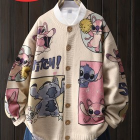 Resim Kadınlar için Bej Renkli Uzun Kollu Açık Cep Detaylı, Rahat Yuvarlak Yaka, Tüm Mevsimler İçin Konforlu Uygun, Rahat Giyim Kardigan | Eğlenceli Tasarım | Yapım, Stitch Kardigan 