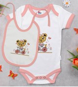 Resim Bitmeyen Kartuş Sevimli Ayıcık Tasarımlı Pembe Bebek Body Zıbın ve Mama Önlüğü Hediye Seti-2 