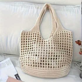 Resim Kadınlar için Büyük Kapasiteli Örgü Çanta - Açık Desenli Düzenli Omuz Askıları ile, Astarlı Olmayan Polyester Alışveriş Çantası Seyahat ve Günlük Kullanım için - Bej, Siyah, Mavi, Kahverengi, Rahat El Çantası, Temel Taşıyıcı, Şık Omuz Çantası, Dayanıklı Kumaş Çanta 