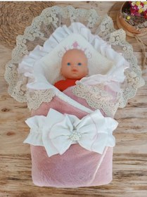 Resim Yenidoğan Wool Yün Kumaş Taç Nakışlı Güpür Duvaklı Fiyonk Prizma Taş Unisex Kundak Bebek Battaniyesi Pembe Renkli Çok Renkli 