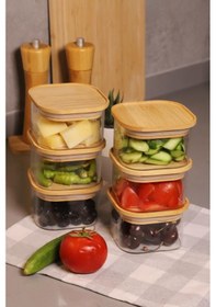 Resim Duo 400ml 6'lı Bambu Vakumlu Kapaklı Cam Kahvaltılık Seti Kahverengi 