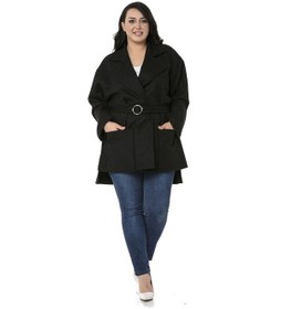 Resim Disentis Kadın Büyük Beden Mono Yaka Arkası Uzun Kemerli Astarsız Kaban Siyah 