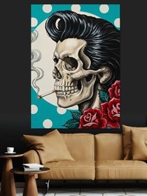 Resim Rockabilly Saçlı Kafatası Dekoratif Kanvas - Mdf Ahşap Tablo 