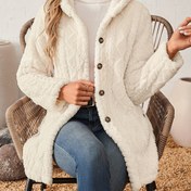Resim Düğmeli Ön Kapüşonlu Kürk Ceket, Sonbahar ve Kış İçin Rahat Termal Uzun Kollu Dokulu Ceket, Kadın Giyim 