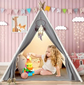 Resim Pamuklu 100% Ahşap Çocuk Oyun Evi Kızılderili Çadırı Devrilmez 