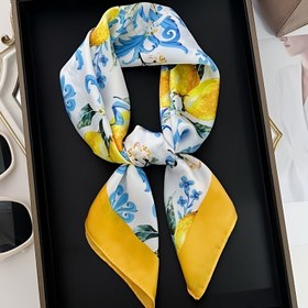 Resim Kadınlar için Sevimli Limon Çiçek Desenli Kare Eşarp - Günlük Geziler & Tatil Hediyeleri için Yumuşak Hafif Güneş ve Rüzgar Koruma, Çok Yönlü Moda Aksesuarı, Canlı Desen, Esnemez Kumaş 