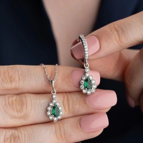 Resim Vaoov 925 Ayar Gümüş Yeşil Damla Taşlı Set Gold 