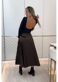 Resim Moderie Butik Kadın Yüksek Belli Maxi Deri Kemersiz Etek Kahve 