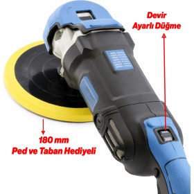 Resim Badem10 Polisaj Makinesi Elektrikli Kablolu 180 mm 1400 W Far Parlatma Pasta Cila Kaporta 3000 Rpm Kömürlü 