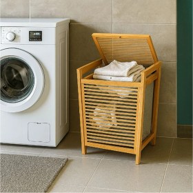 Resim Orta Boy Ahşap Bambu Kirli Sepeti 40X35X60 