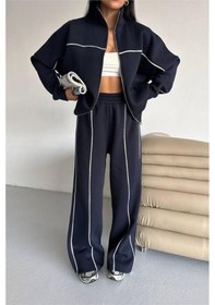 Resim Neşeli Butik Kadın Şerit Detaylı 3 İplik Şardonlu Eşofman Takımı Nbg121 Lacivert 