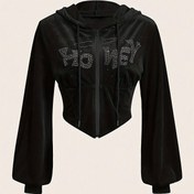 Resim Kadınlar için Şık Kapüşonlu Kısa Uzun Kollu Sweatshirt - Düz Siyah Taş Detaylı, Orta Esneklikte Kumaş, Makinede Yıkanabilir Sonbahar/Kış Modası Üstü, Sevimli Sweatshirtler, Günlük Şık Giyim, Kapüşonlu Yaka, Orta Esneklik 