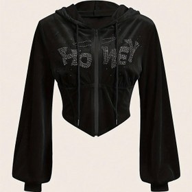 Resim Kadınlar için Şık Kapüşonlu Kısa Uzun Kollu Sweatshirt - Düz Siyah Taş Detaylı, Orta Esneklikte Kumaş, Makinede Yıkanabilir Sonbahar/Kış Modası Üstü, Sevimli Sweatshirtler, Günlük Şık Giyim, Kapüşonlu Yaka, Orta Esneklik 