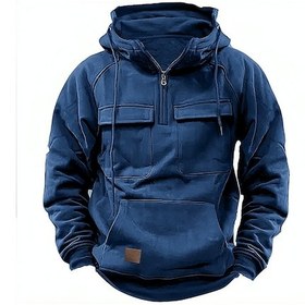 Resim 23sonbahar Ve Kış Erkek Spor Çok Cepli Kapüşonlu Düz Renk Sweatshirt Koyu Mavi 