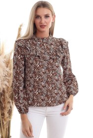 Resim Cotton Mood 20333336 Dok.viskon Desenli Önü Volanlı Uzun Kol Bluz Leopar Desenlı 