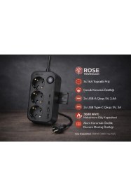 Resim Rose Teknoloji Akım Koruma ve Güvenlik Kapaklı 3 Priz 2 USB 2 Type-c Girişli Sabitlenebilir 2 M Uzatma Kablolu Priz 
