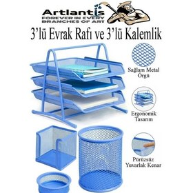 Resim Mavi Metal Evrak Rafı 3 Lü Ve Masaüstü Kalemlik 3 Lü 1 Paket Masaüstü A4 Dosya 3 Katlı Düzenleyici Kağıt Tepsisi Mavi 
