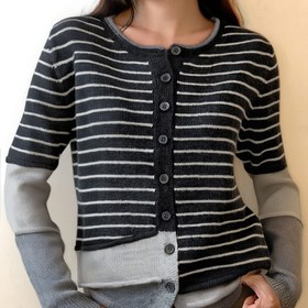 Resim Y2K Kadınlar için Günlük Renk Bloklu Çizgili Hırka - Asimetrik Etek Açık Ön Tasarım, Yuvarlak Yaka Düğme Kapatma, İlkbahar/Sonbahar Katmanlama Temel Parçası, Bahar Dış Giyim, Renk Blok Tasarımı, Dokulu Örgü, Sonbahar Modası, Trendy Örgü, Dayanıklı Yapım, Düğmeli Üst, Moda Kadınlar 