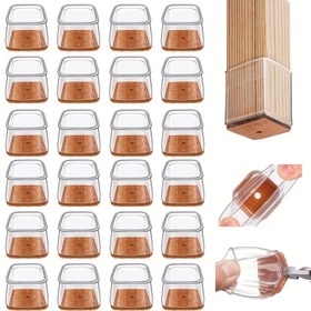 Resim 24 Adet Şeffaf Sandalye Ayak Koruyucuları Açık Kahverengi Keçe Pedli - Kare Silikon Masa & Sandalye Ayak Kılıfları, Çizilmez ve Gürültü Azaltıcı Sert Ahşap Zeminler İçin, Dayanıklı Plastik Yapı, Sandalye Ayak Koruyucu Kapaklar 
