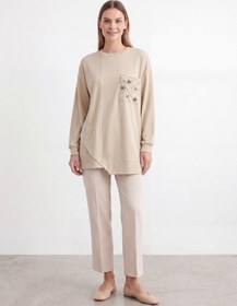 Resim Puane Kadın Taş İşlemeli Asimetrik Kesim Tunik - 10781TUN - BEIGE 