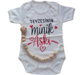 Resim PremiumPort Yenidoğan Bebek Seti, Minik Aşk Baskılı Badi ve Isimli Emzik Askısı 