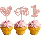 Resim 24 adet 1. Doğum Günü Cupcake Süsleri - Bebek Duşu, Sevgililer Günü ve İlk Doğum Günü Parti Dekorasyonları için Simli "Bir" Kalp & Taç Kek İpuçları 