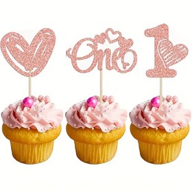 Resim 24 adet 1. Doğum Günü Cupcake Süsleri - Bebek Duşu, Sevgililer Günü ve İlk Doğum Günü Parti Dekorasyonları için Simli "Bir" Kalp & Taç Kek İpuçları 