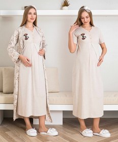 Resim Lohusa Gecelik ve Sabahlıklı Hamile Gecelik / Kısa Kollu, Nakışlı Gecelik ve Desenli Sabahlık Takımı - 2289 - Somon / 2XL / Terlik ve Taç Seti İstemiyorum 