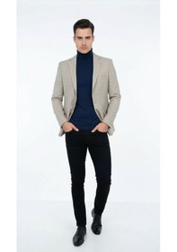 Resim Plus Scorpion Ekoseli Slim Fit Erkek Blazer Ceket Şık Modern Tasarım, Tek Düğmeli Açık Bej 