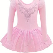 Resim Uzun kollu meshten yapılmış, parıltılı elmaslarla süslenmiş, kızların dans elbisesi. 