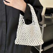 Resim Kadınlar İçin Dokuma File Plaj Çantası - Sabit Askılı, Açık Üst Tasarımlı Hafif Polyester Omuz Çantası; Tatil, Günlük Kullanım ve Seyahat için Çok Amaçlı Tekstürlü Örgü Desenli Çanta 