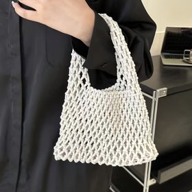 Resim Kadınlar İçin Dokuma File Plaj Çantası - Sabit Askılı, Açık Üst Tasarımlı Hafif Polyester Omuz Çantası; Tatil, Günlük Kullanım ve Seyahat için Çok Amaçlı Tekstürlü Örgü Desenli Çanta 