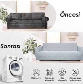 Resim Jakarlı Düz Desen Likralı Esnek Yikanabilir Koltuk Örtüsü 3+2+1+1 Koltuk Takımı Koltuk Kılıfı Gri 