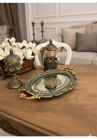 Resim Şık Klasik Oval Aynalı Hediyelik Nişan Sunum Tepsisi 